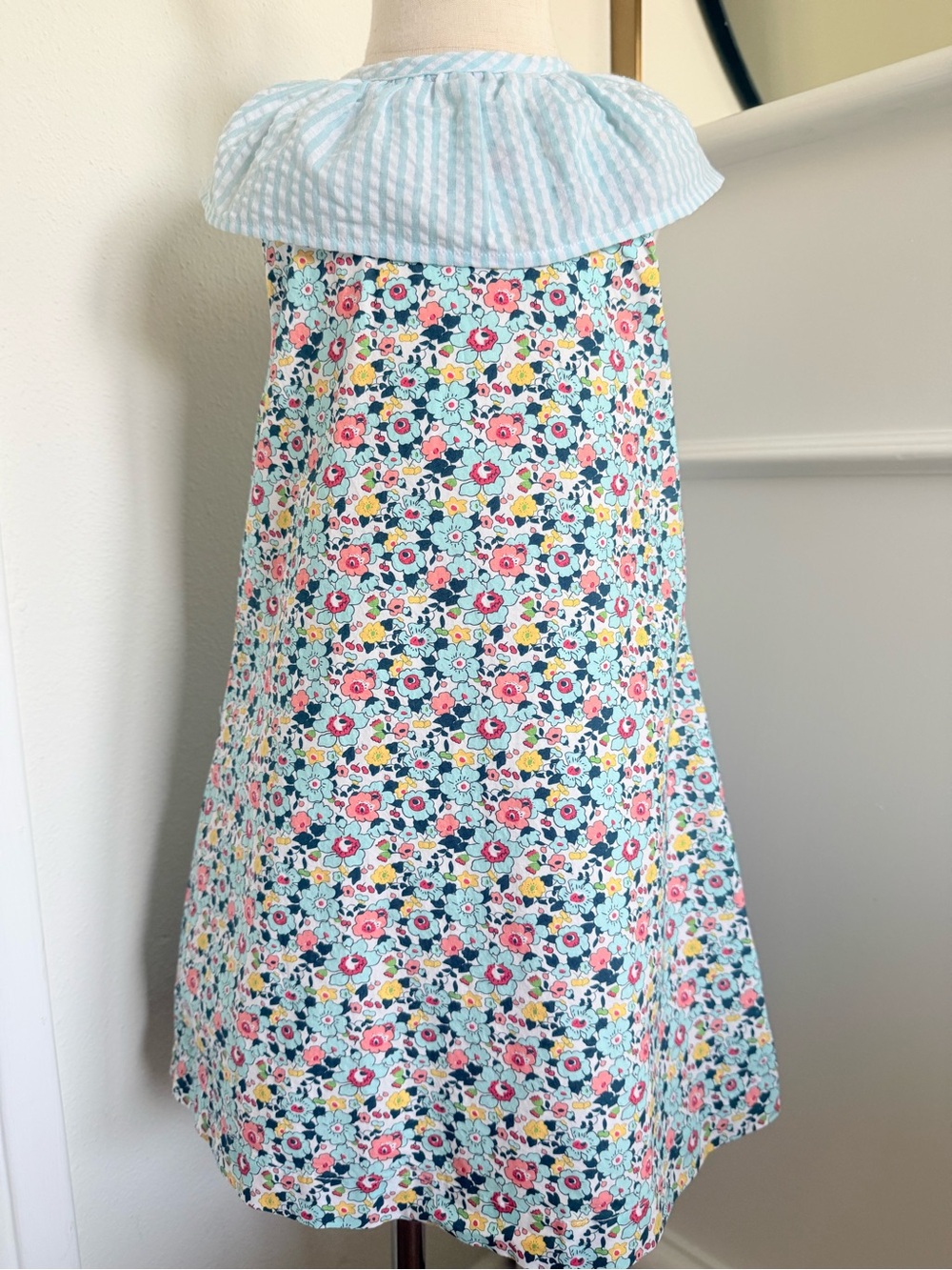 Petit Peony Girls 7Y Floral Dress Blue Stripe Ruffle Collar Boutique